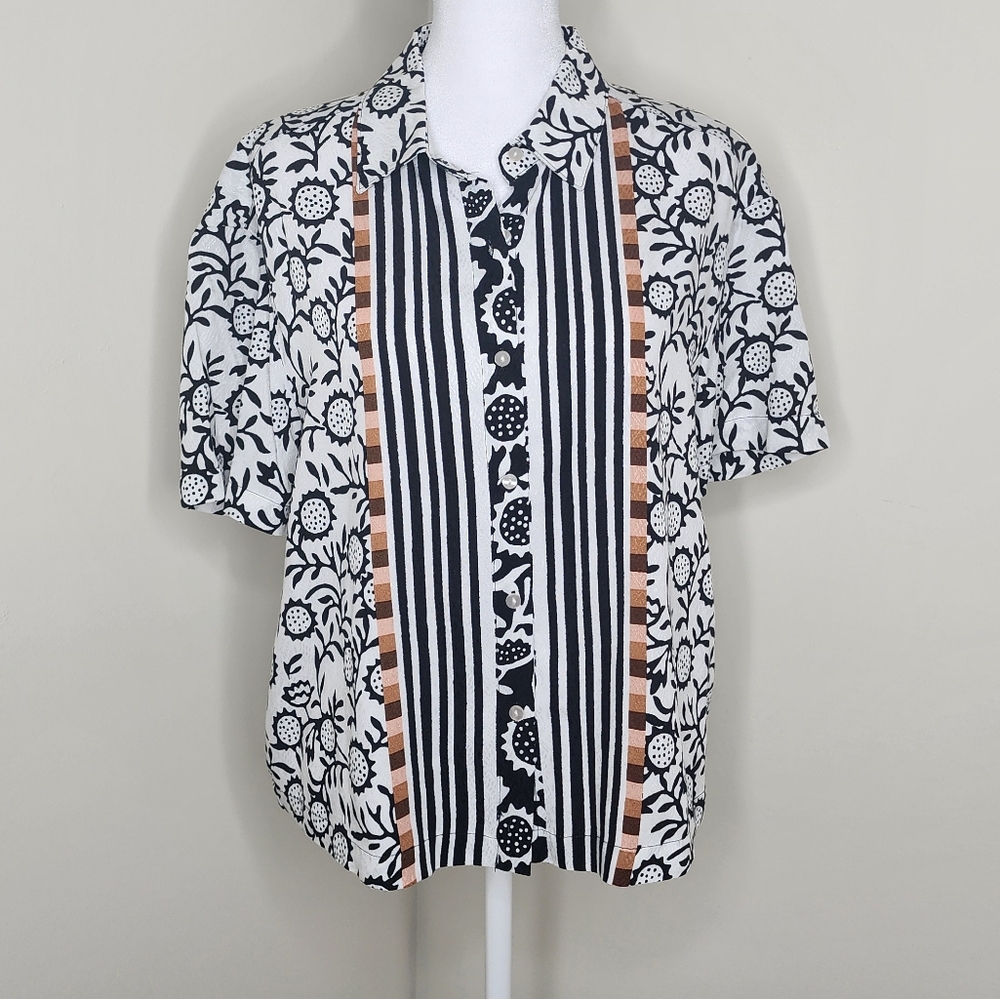 Jane & Delancey Artsy Floral & Striped Button Down Blouse Sm Whimsigoth Summer